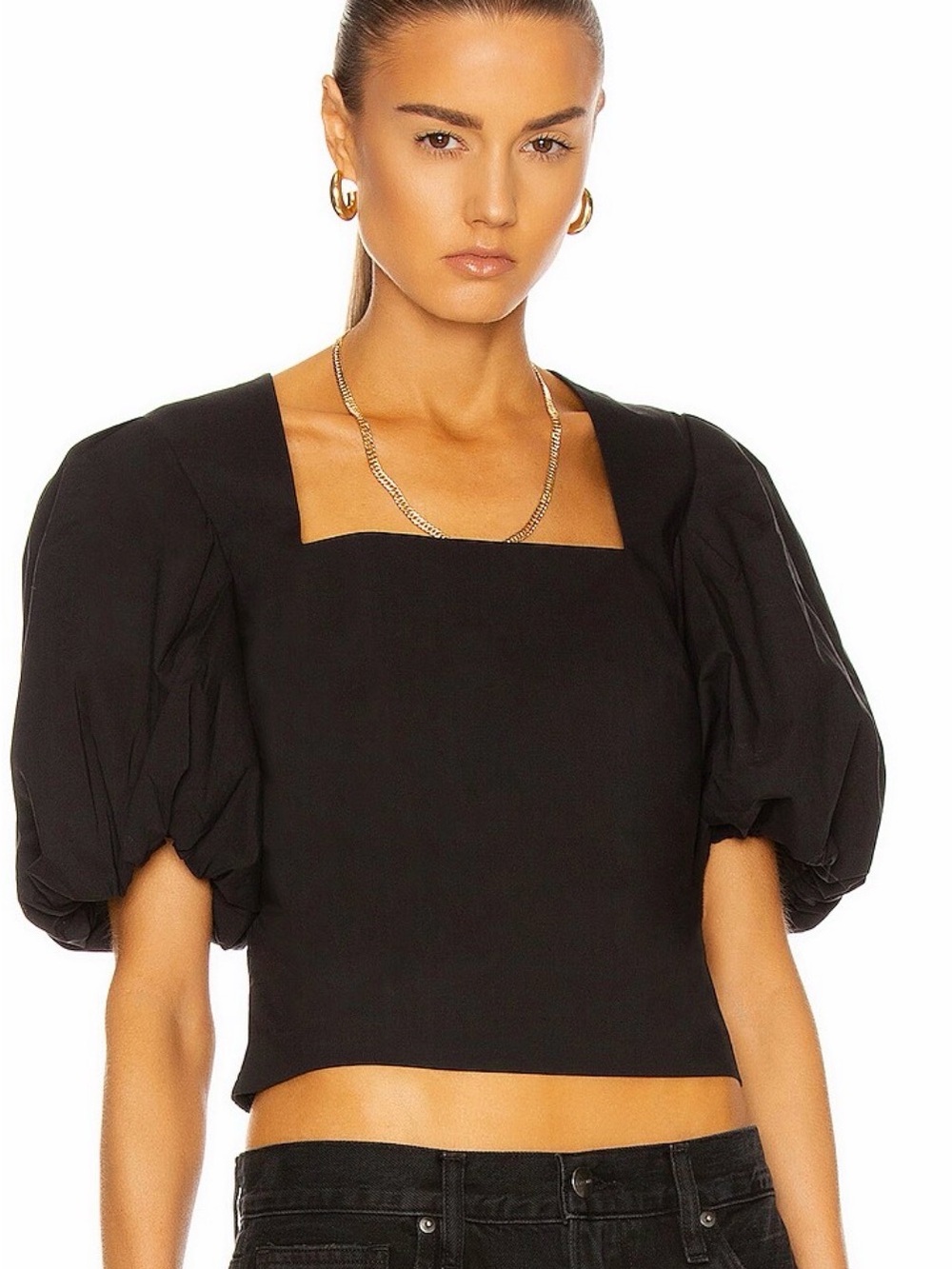 NWOT FRAME Nina Black Cropped Puff Sleeve Blouse S